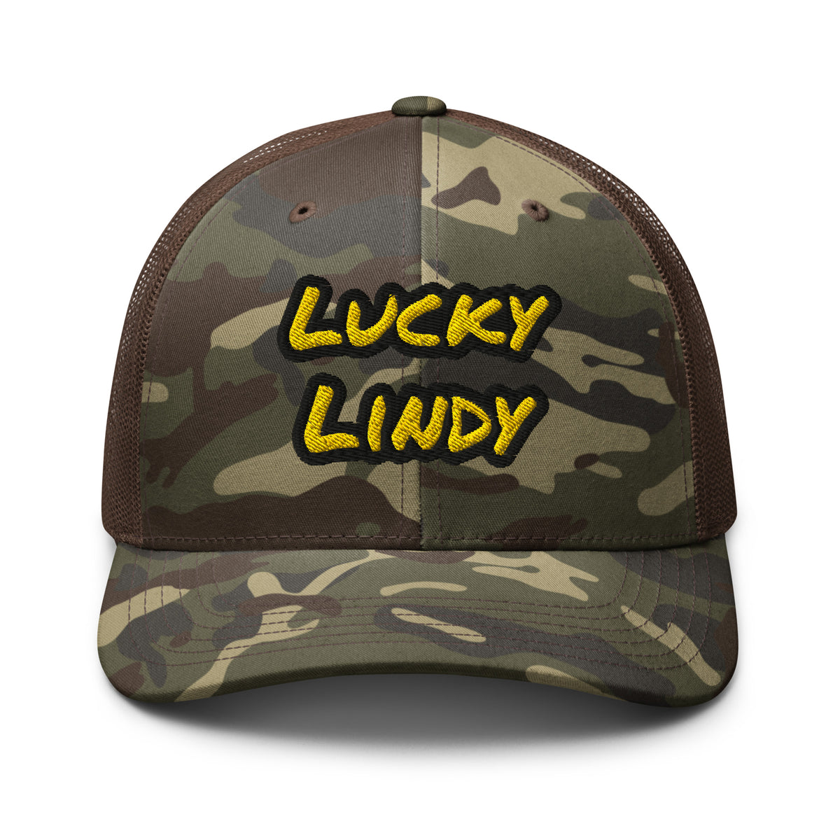 Lucky Lindy's Camo Trucker Hat in Camo/Brown
