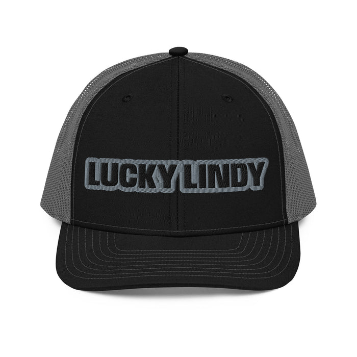 Lucky Lindy's Richardson 112 snapback trucker cap in Black/Charcoal (front)