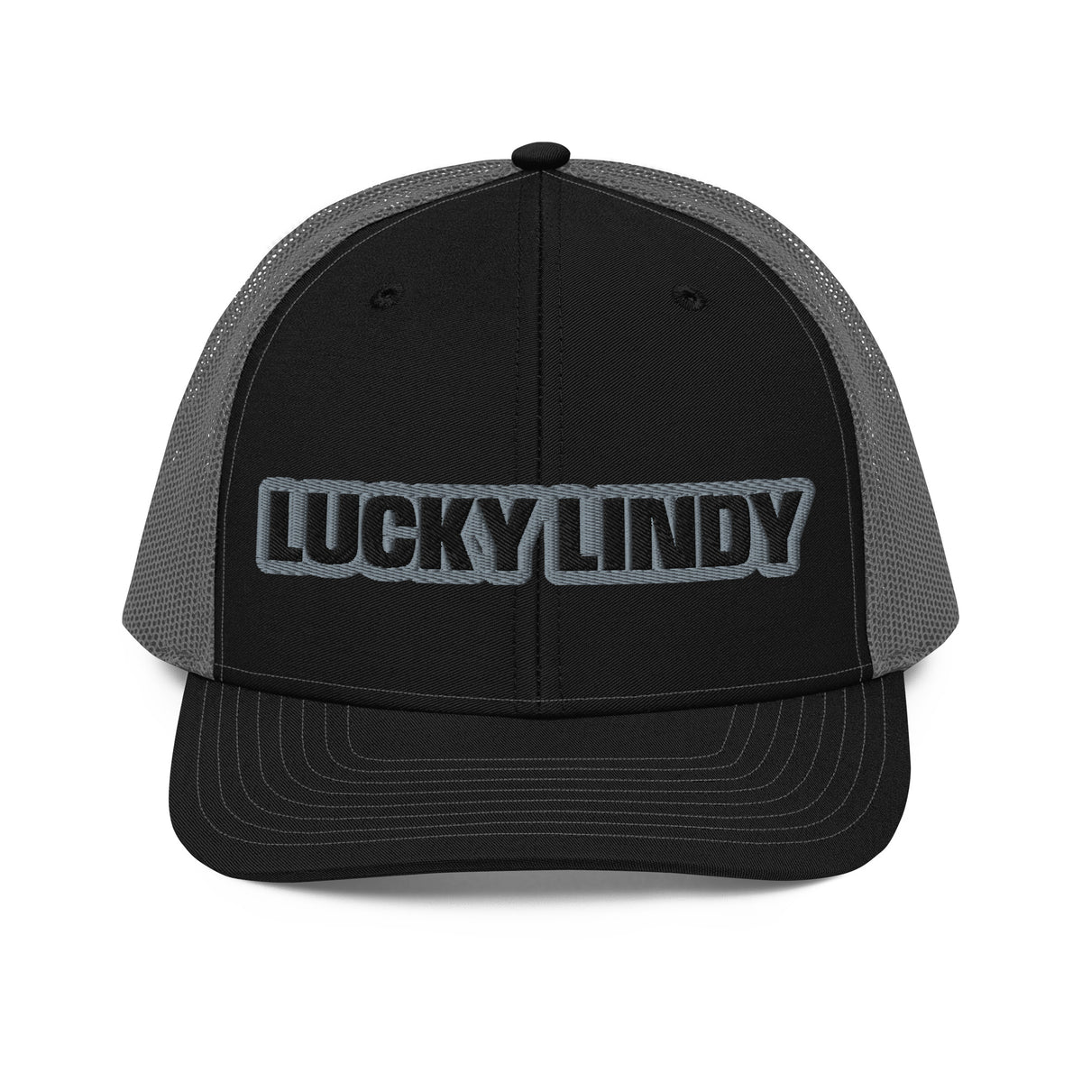 Lucky Lindy's Richardson 112 snapback trucker cap in Black/Charcoal (front)