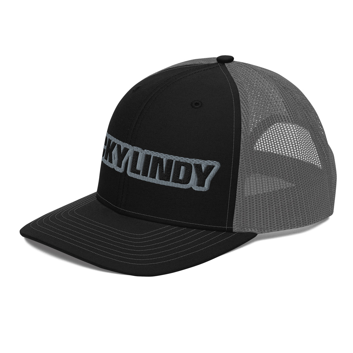 Lucky Lindy's Richardson 112 snapback trucker cap in Black/Charcoal (left front)