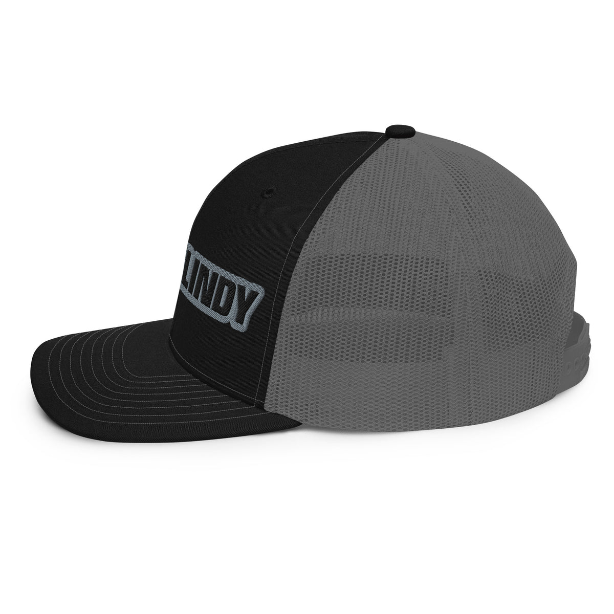 Lucky Lindy's Richardson 112 snapback trucker cap in Black/Charcoal (left side)