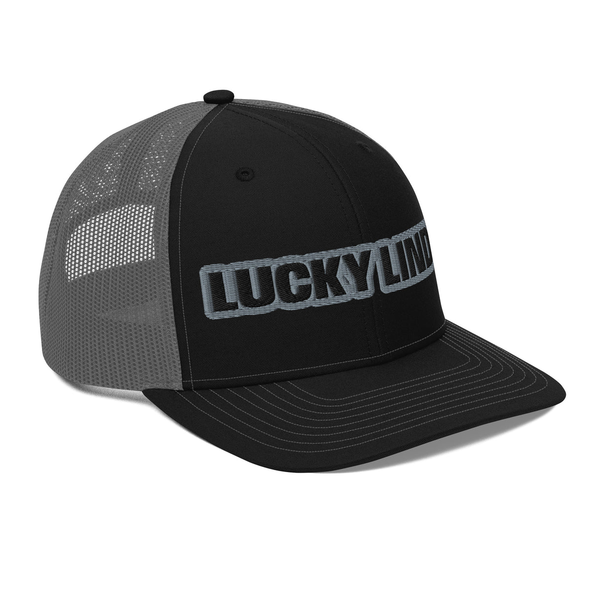 Lucky Lindy's Richardson 112 snapback trucker cap in Black/Charcoal (right front)
