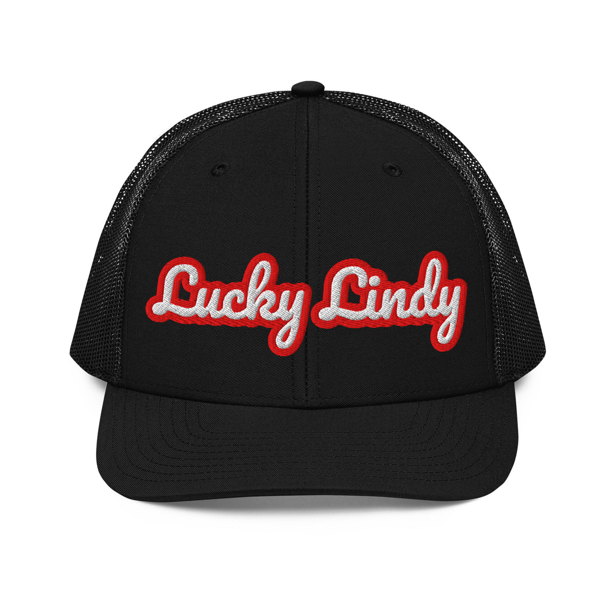 Lucky Lindy's Script 112 Richardson snapback trucker hat in Black (front)