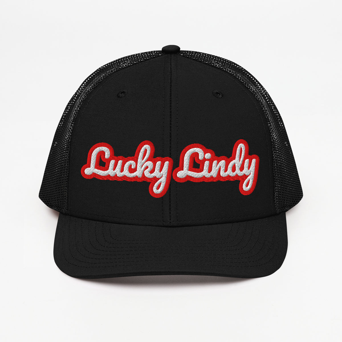 Lucky Lindy's Script 112 Richardson snapback trucker hat in Black (front view 2)