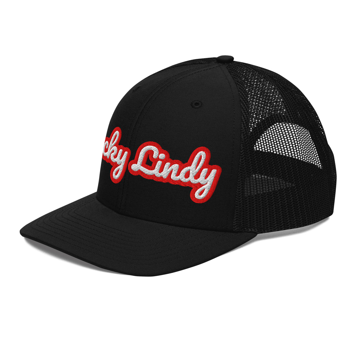 Lucky Lindy's Script 112 Richardson snapback trucker hat in Black (left front)