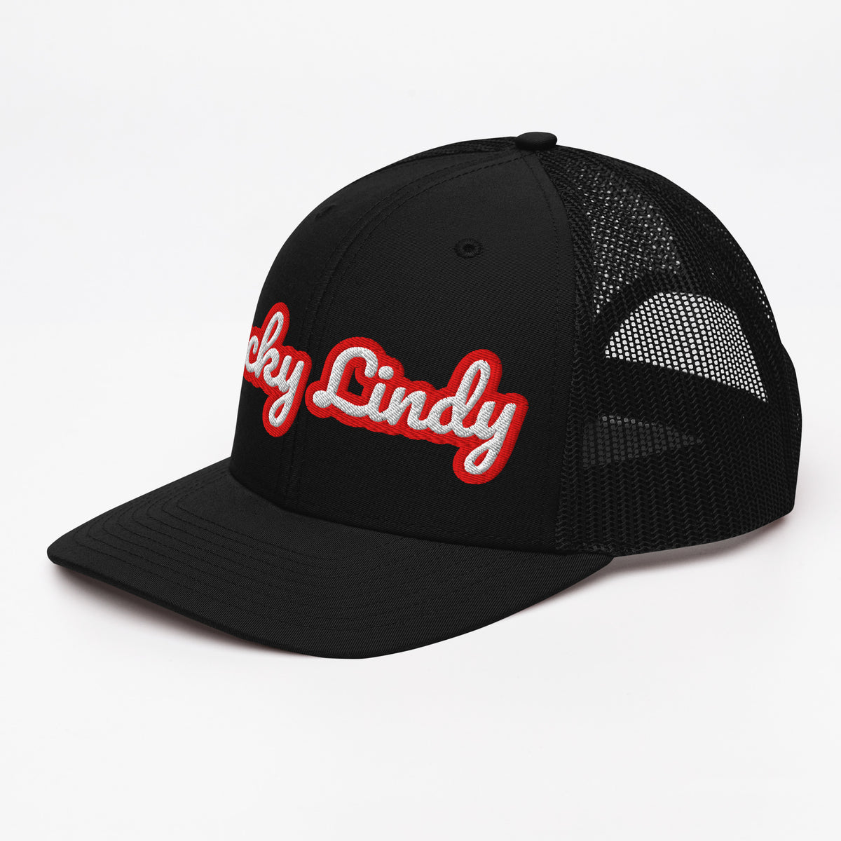 Lucky Lindy's Script 112 Richardson snapback trucker hat in Black (left front view 2)