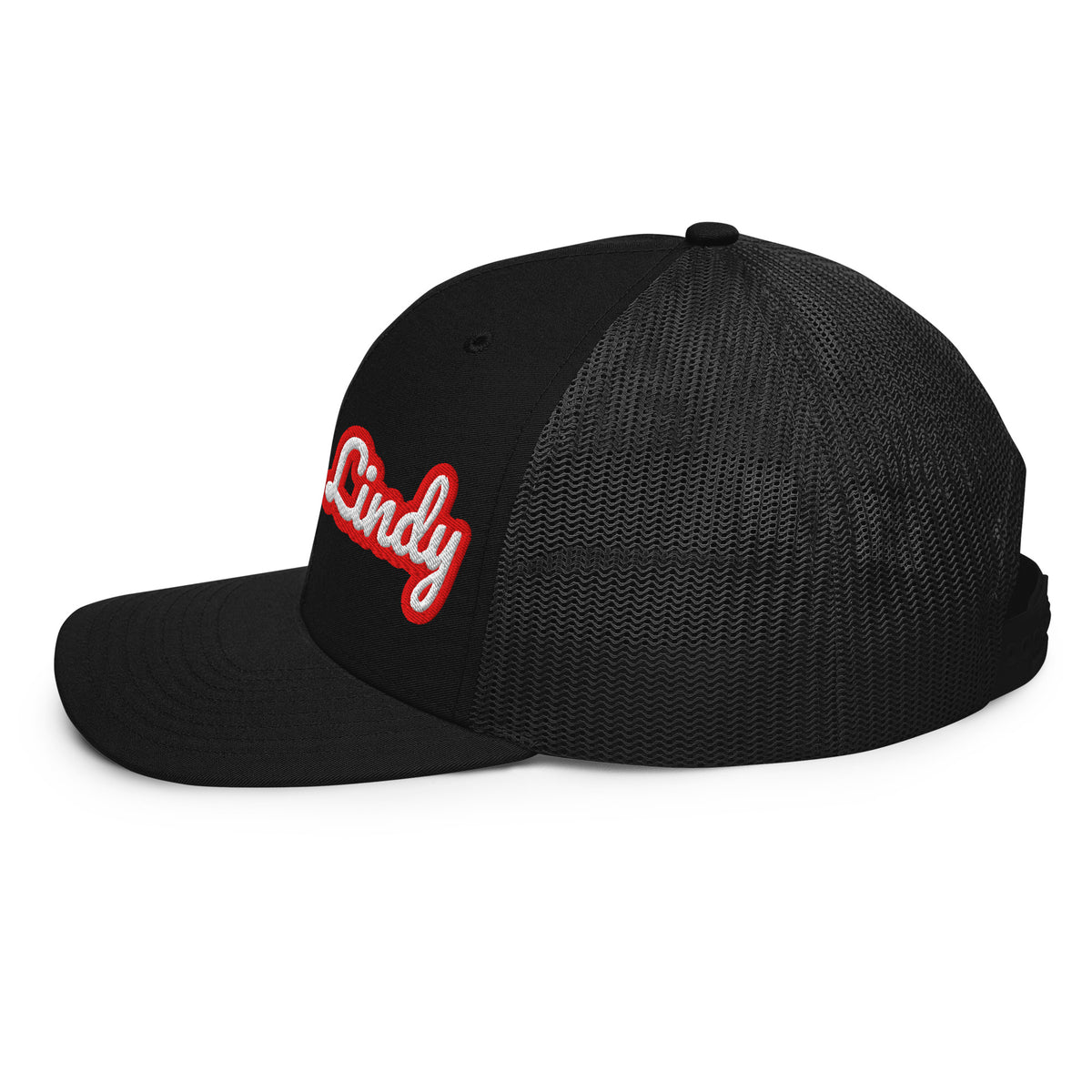 Lucky Lindy's Script 112 Richardson snapback trucker hat in Black (left side)
