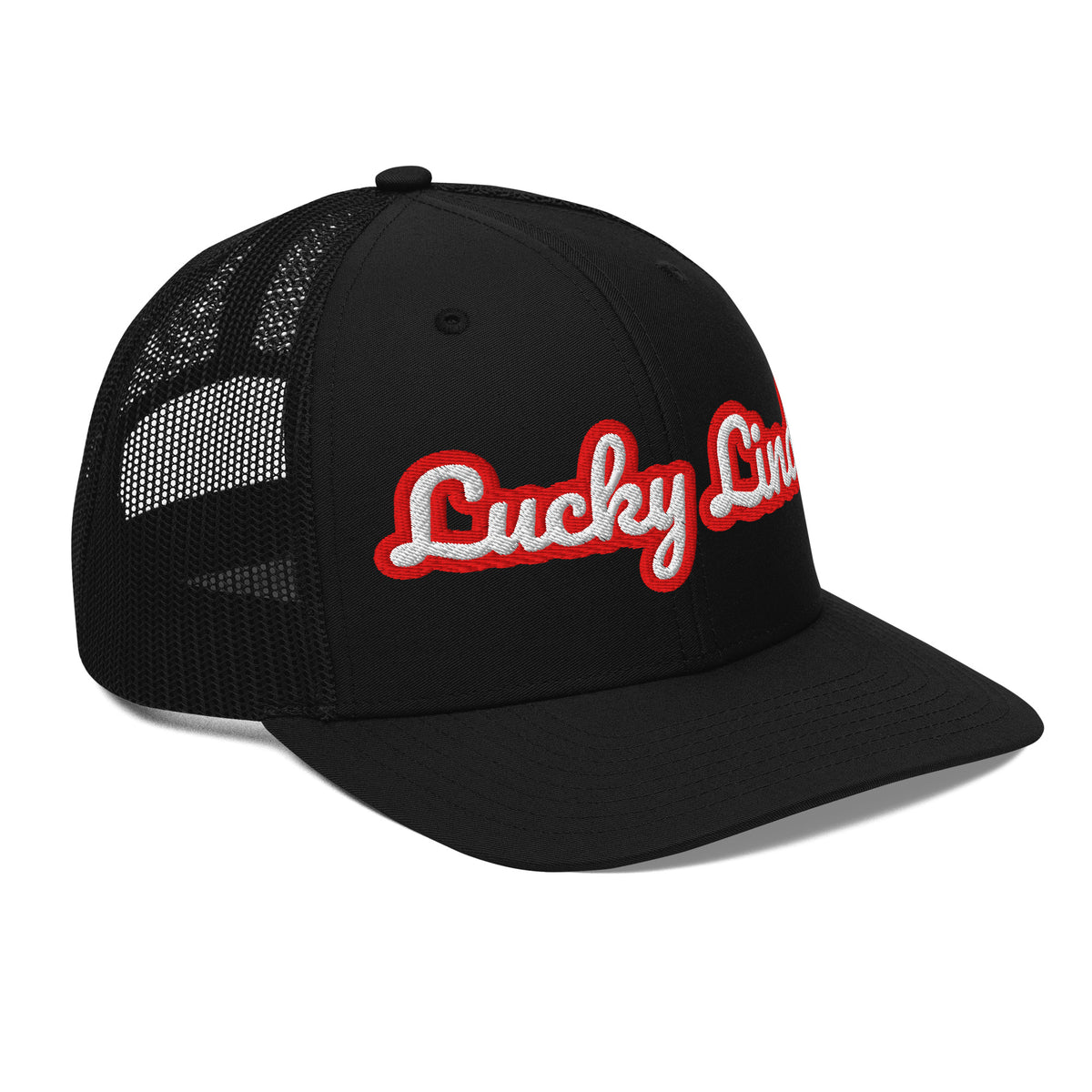 Lucky Lindy's Script 112 Richardson snapback trucker hat in Black (right front)