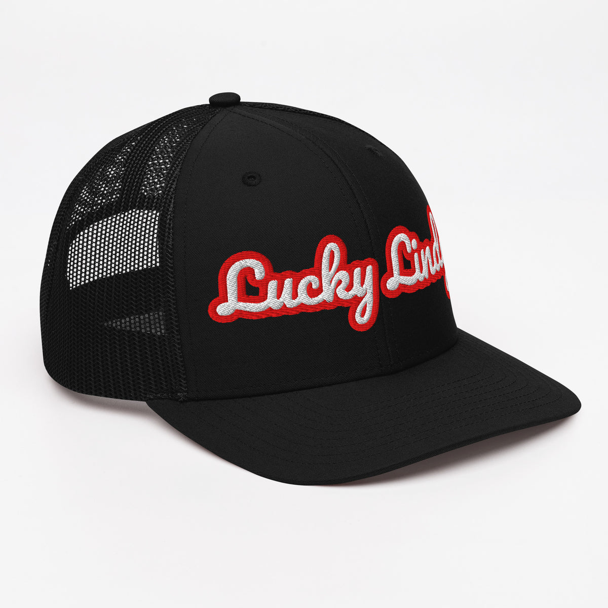Lucky Lindy's Script 112 Richardson snapback trucker hat in Black (right front view 2)