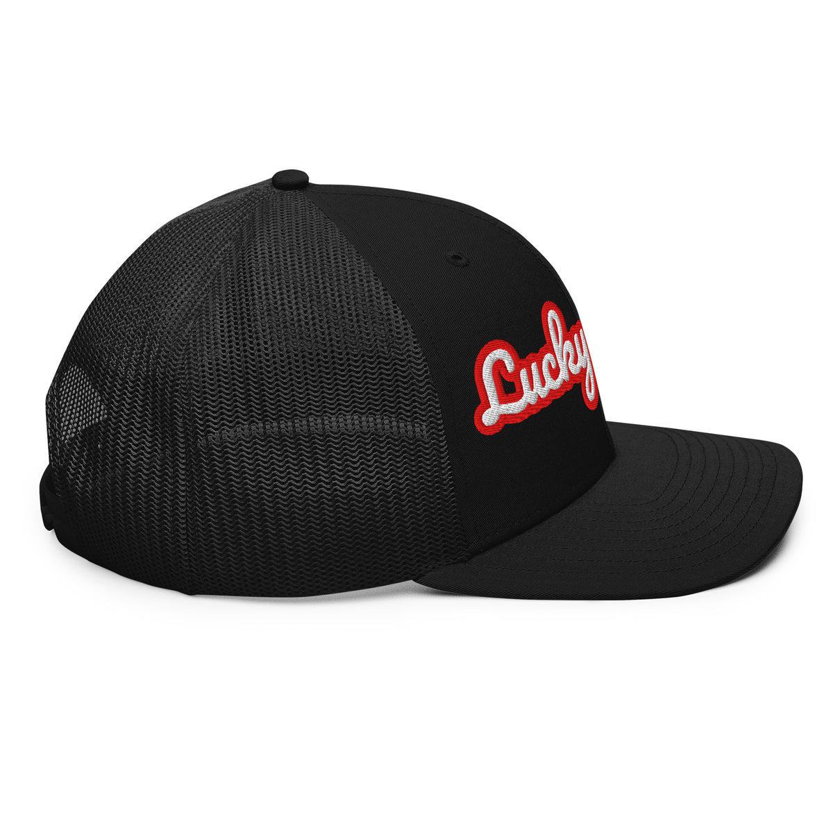Lucky Lindy's Script 112 Richardson snapback trucker hat in Black (right side)