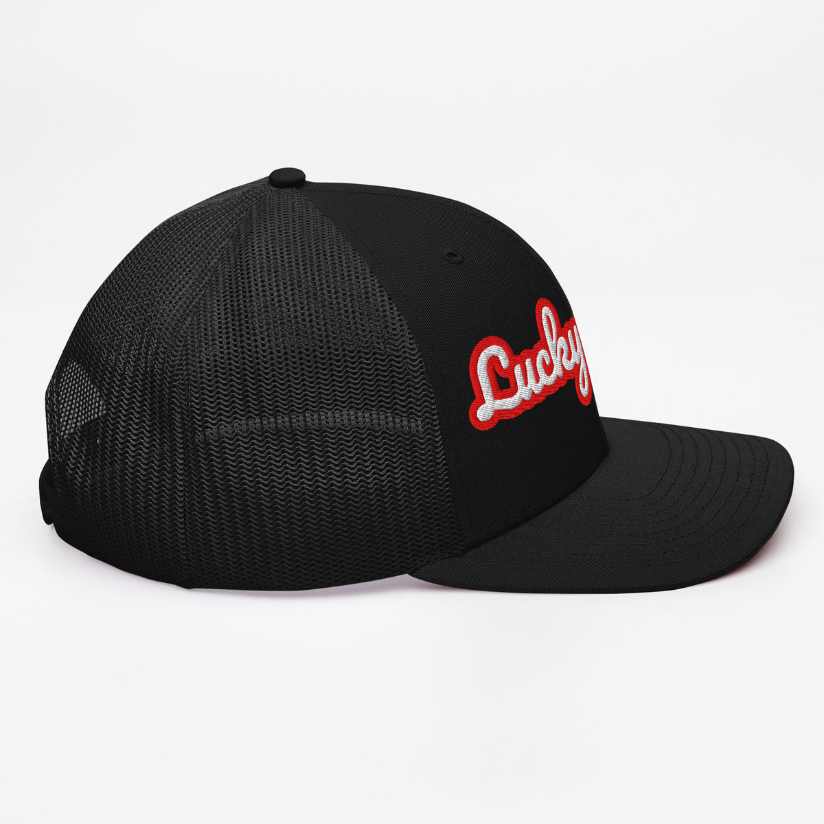 Lucky Lindy's Script 112 Richardson snapback trucker hat in Black (right side view 2)