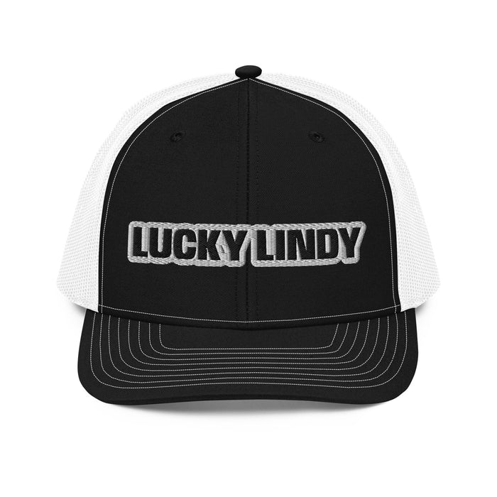 Lucky Lindy's Richardson 112 snapback trucker cap in Black/White (front)