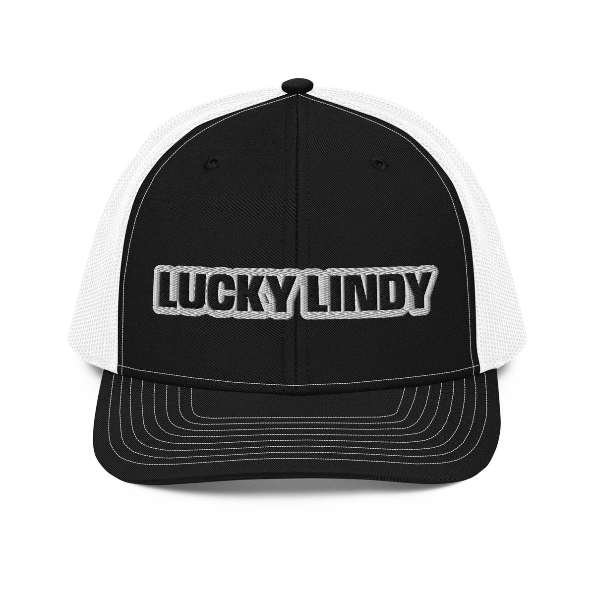 Lucky Lindy's Richardson 112 snapback trucker cap in Black/White (front)