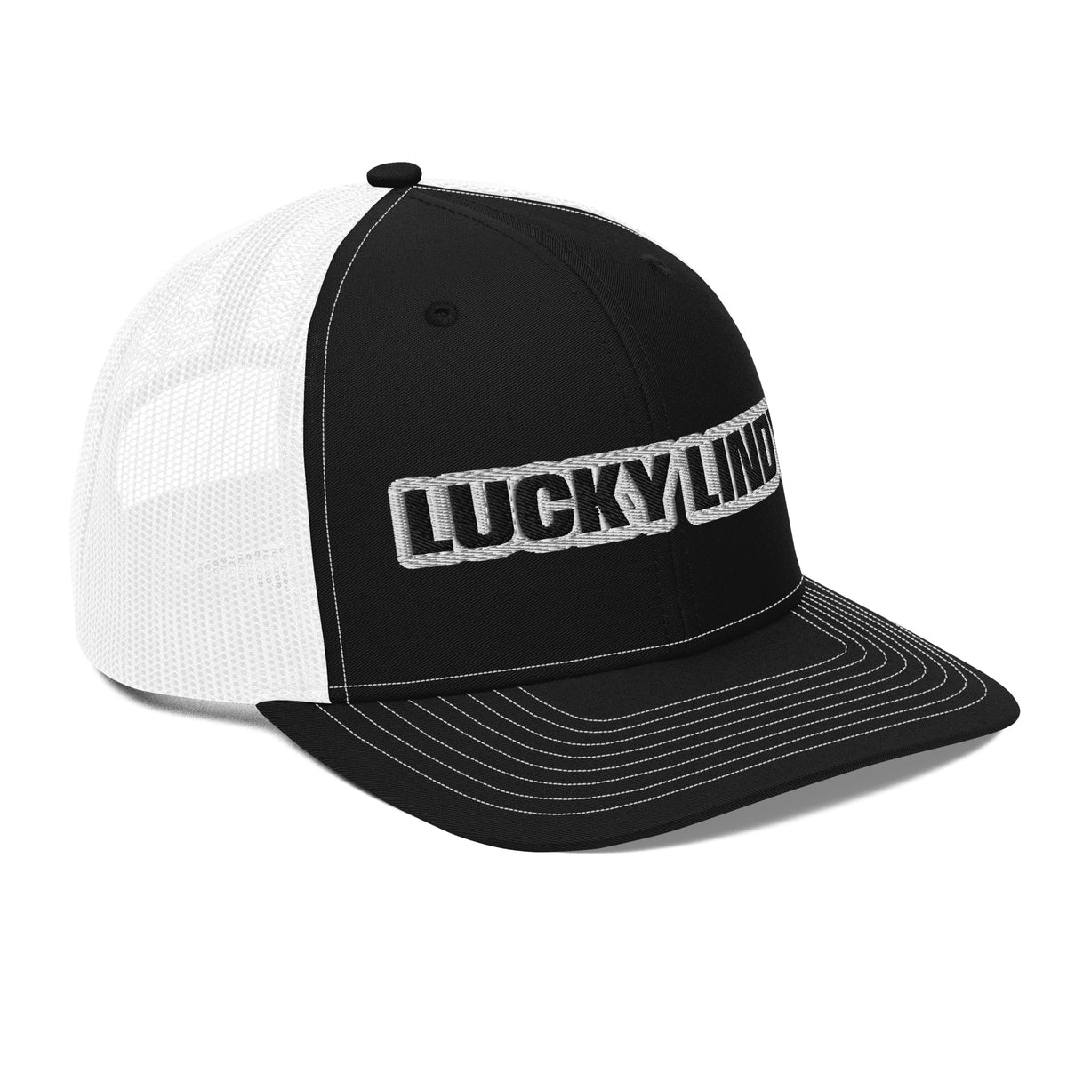 Lucky Lindy's Richardson 112 snapback trucker cap in Black/White (right front)