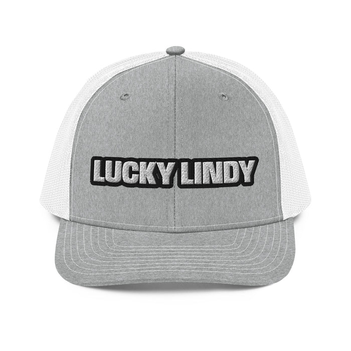 Lucky Lindy's Richardson 112 snapback trucker cap in Heather Grey/White (front)