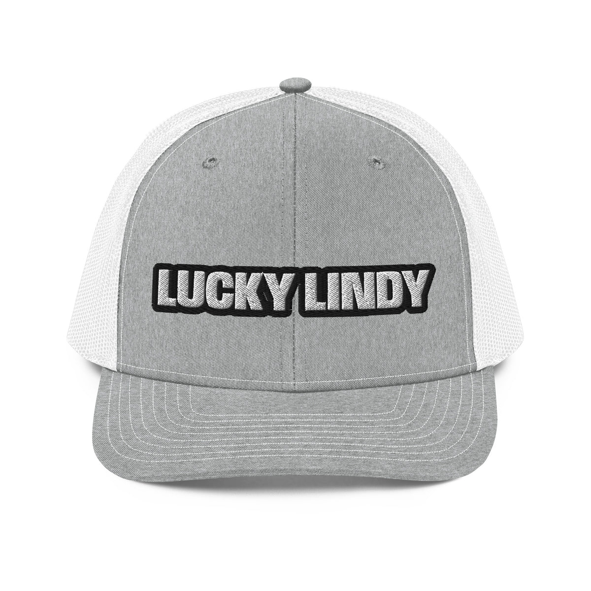 Lucky Lindy's Richardson 112 snapback trucker cap in Heather Grey/White (front)