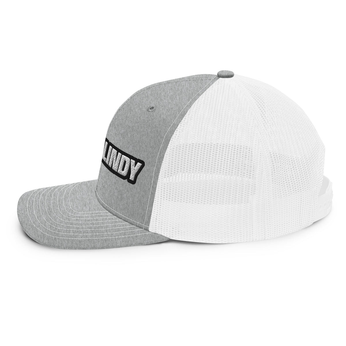 Lucky Lindy's Richardson 112 snapback trucker cap in Heather Grey/White (left side)
