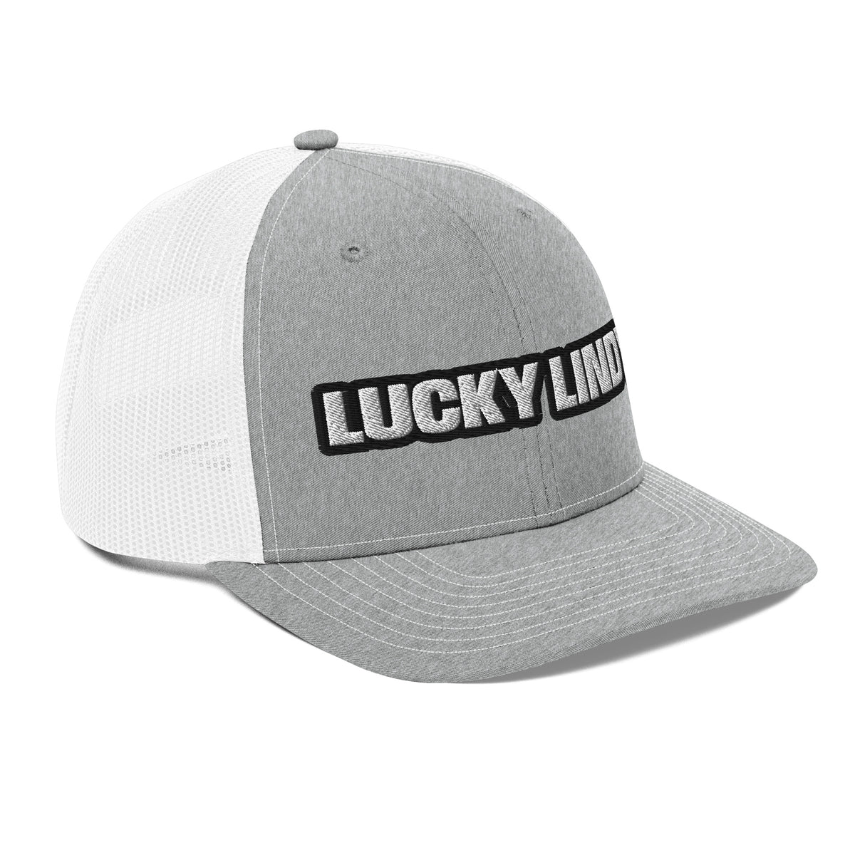 Lucky Lindy's Richardson 112 snapback trucker cap in Heather Grey/White (right front)