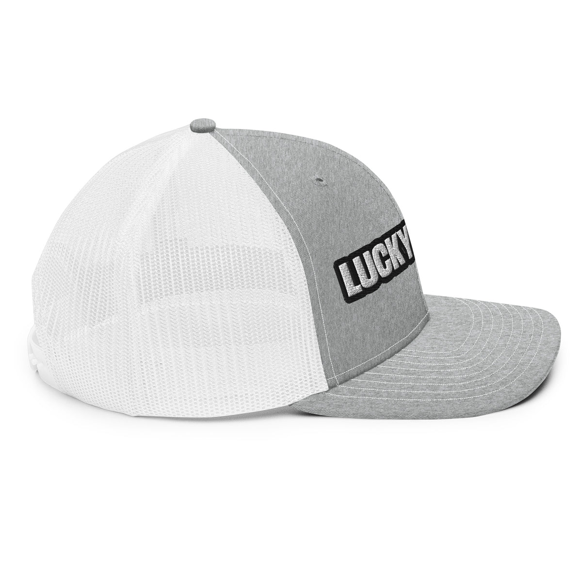 Lucky Lindy's Richardson 112 snapback trucker cap in Heather Grey/White (right side)