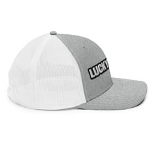 Lucky Lindy's Richardson 112 snapback trucker cap in Heather Grey/White (right side)