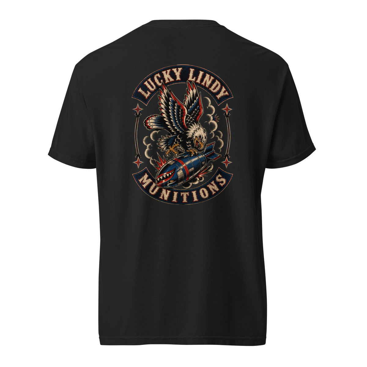 Lucky Lindy's Munitions garment-dyed heavyweight tee in Black (back)