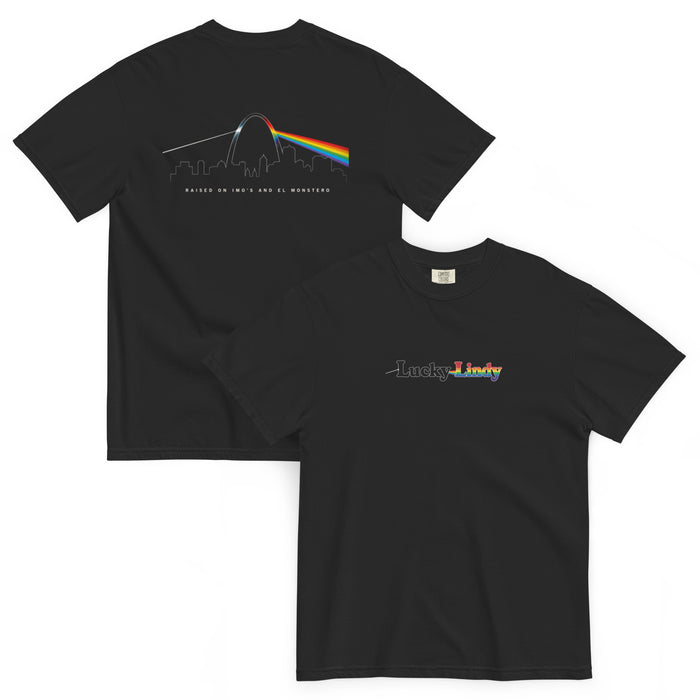 Lucky Lindy's Dark Side of St. Louis garment-dyed heavyweight tee in Black (front and back)