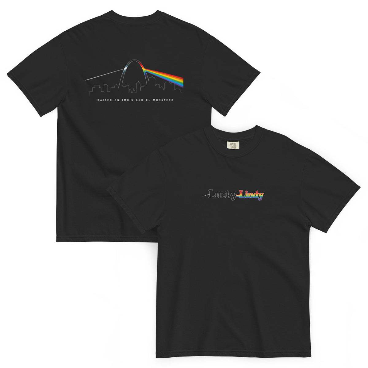 Lucky Lindy's Dark Side of St. Louis garment-dyed heavyweight tee in Black (front and back)
