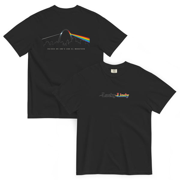 Lucky Lindy's Dark Side of St. Louis garment-dyed heavyweight tee in Black (front and back)