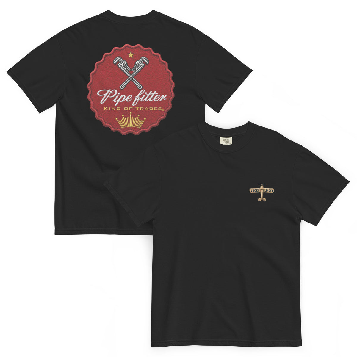 Lucky Lindy's Give 'Em The Wrench garment-dyed heavyweight tee in Black (front and back)