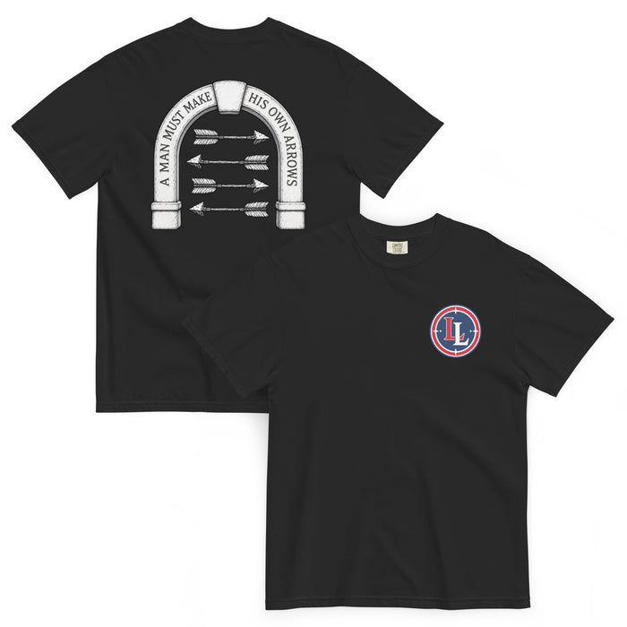 Lucky Lindy's Arrows garment-dyed heavyweight tee in Black (front and back)