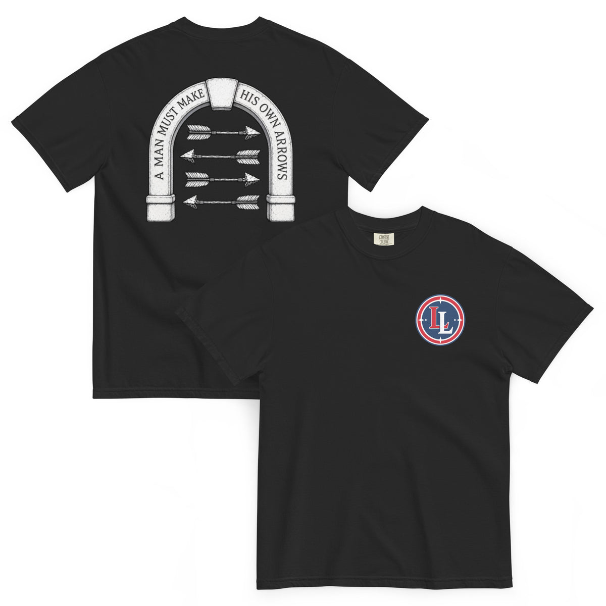 Lucky Lindy's Arrows garment-dyed heavyweight tee in Black (front and back)