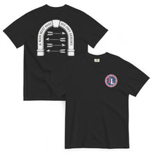 Lucky Lindy's Arrows garment-dyed heavyweight tee in Black (front and back)