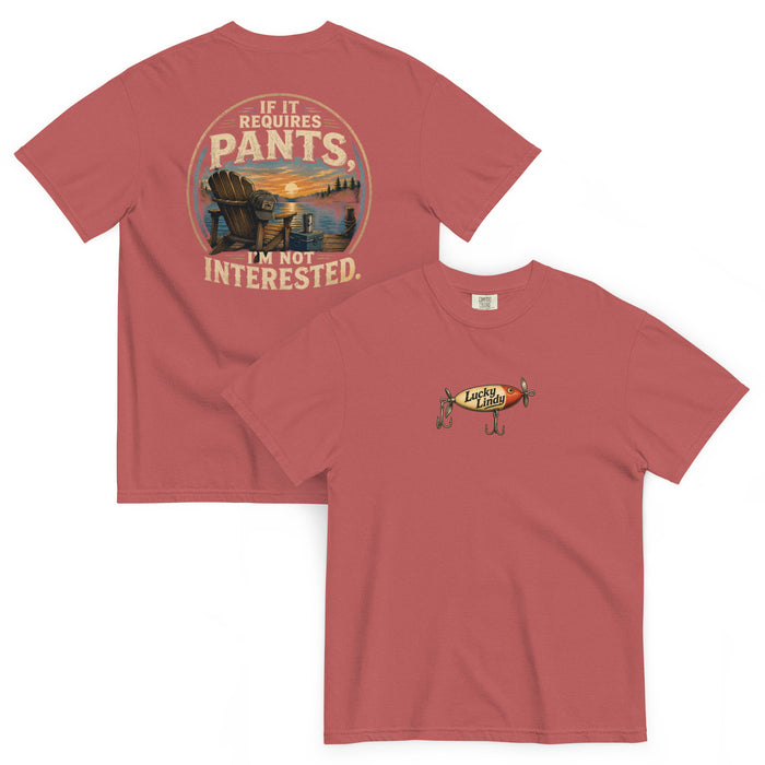 Lucky Lindy's No Pants garment-dyed heavyweight tee in Crimson (front and back)