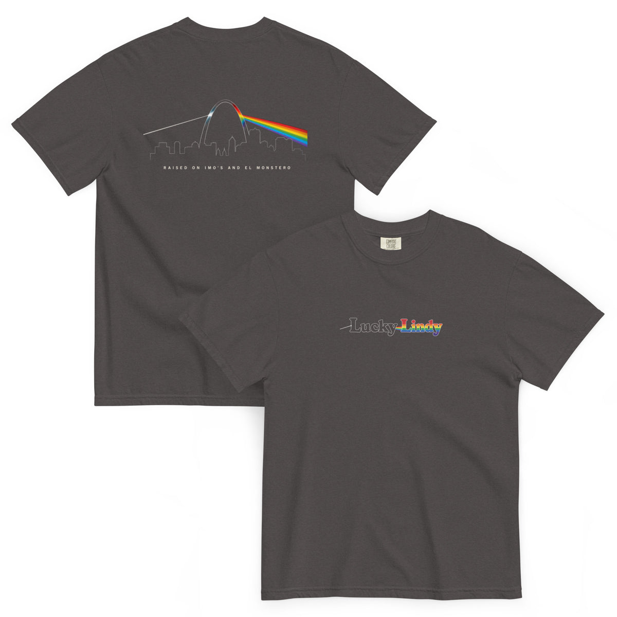 Lucky Lindy's Dark Side of St. Louis garment-dyed heavyweight tee in Graphite (front and back)