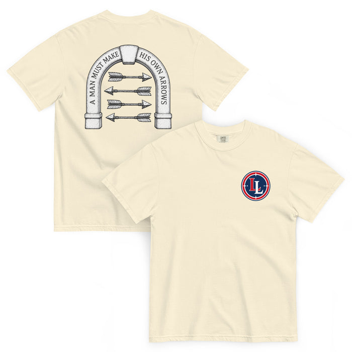 Lucky Lindy's Arrows garment-dyed heavyweight tee in Ivory (front and back)
