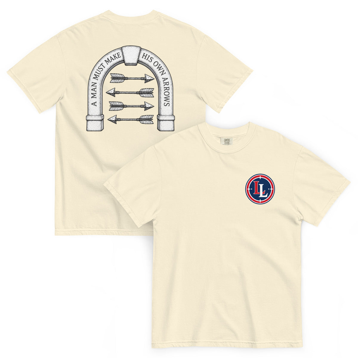 Lucky Lindy's Arrows garment-dyed heavyweight tee in Ivory (front and back)