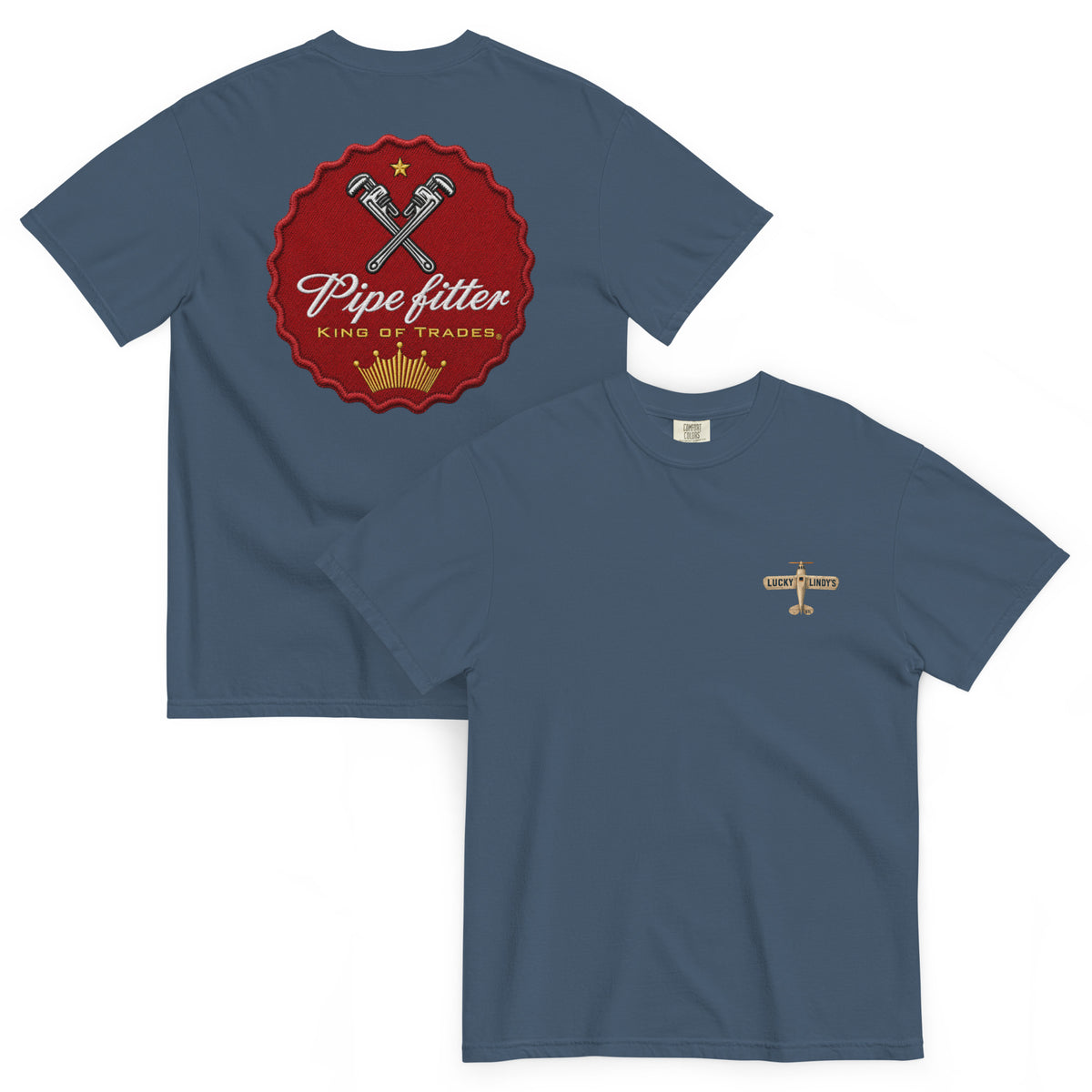 Lucky Lindy's Give 'Em The Wrench garment-dyed heavyweight tee in Midnight (front and back)