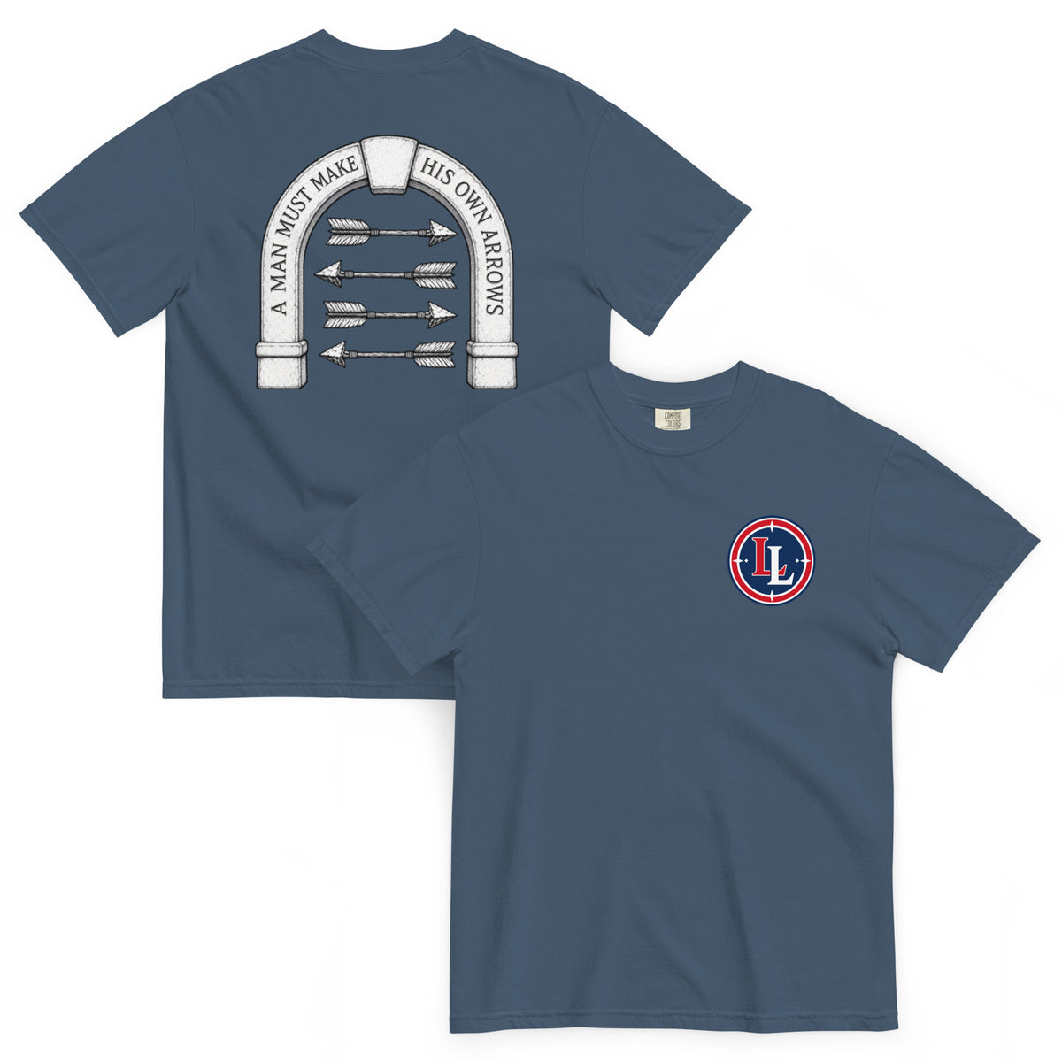 Lucky Lindy's Arrows garment-dyed heavyweight tee in Midnight (front and back)