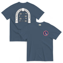 Lucky Lindy's Arrows garment-dyed heavyweight tee in Midnight (front and back)
