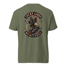 Lucky Lindy's Munitions garment-dyed heavyweight tee in Moss (back)
