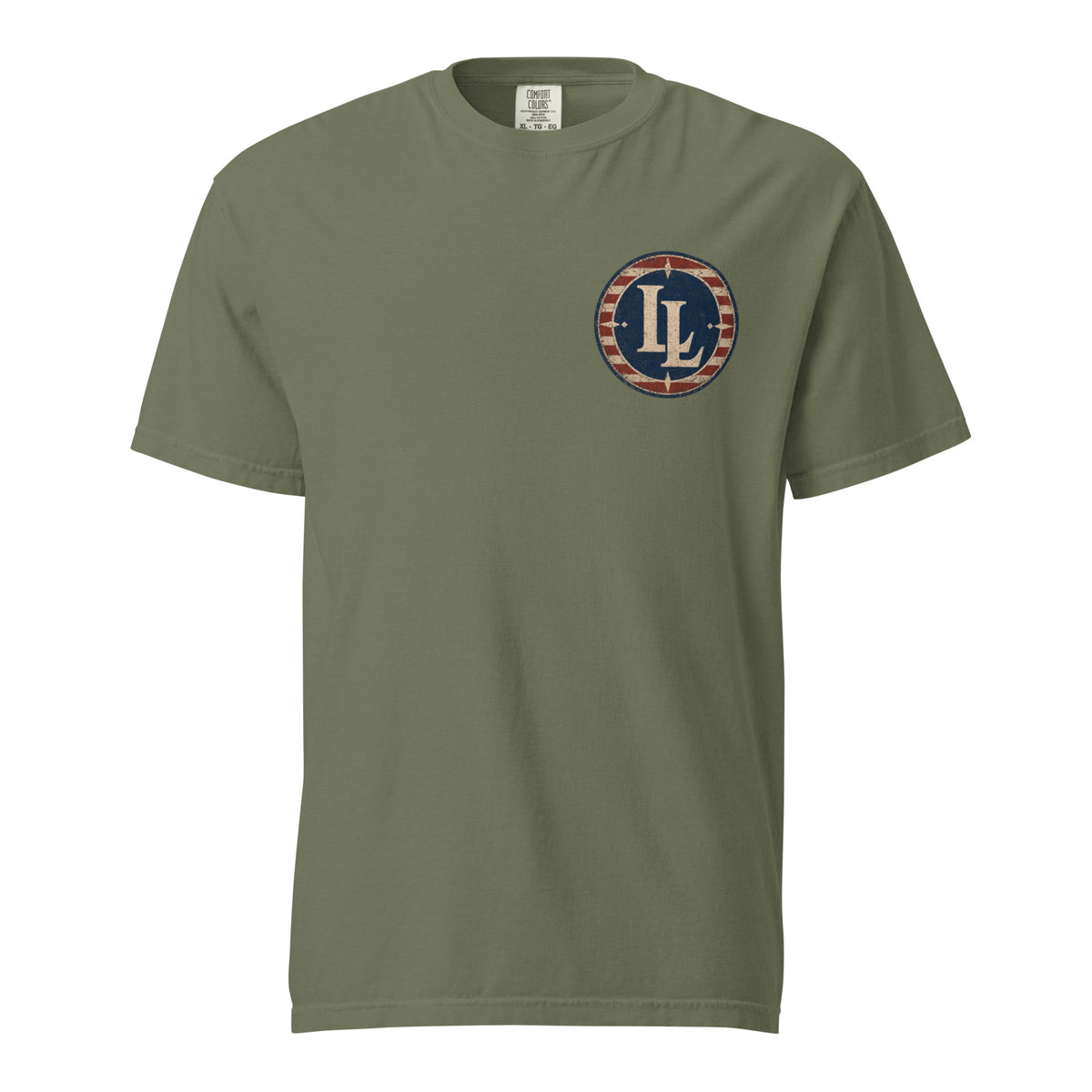 Lucky Lindy's Munitions garment-dyed heavyweight tee in Moss (front)
