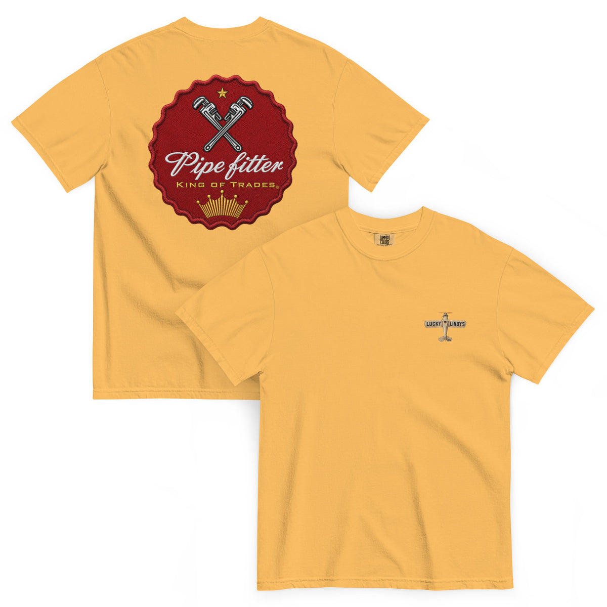 Lucky Lindy's Give 'Em The Wrench garment-dyed heavyweight tee in Mustard (front and back)