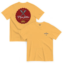Lucky Lindy's Give 'Em The Wrench garment-dyed heavyweight tee in Mustard (front and back)