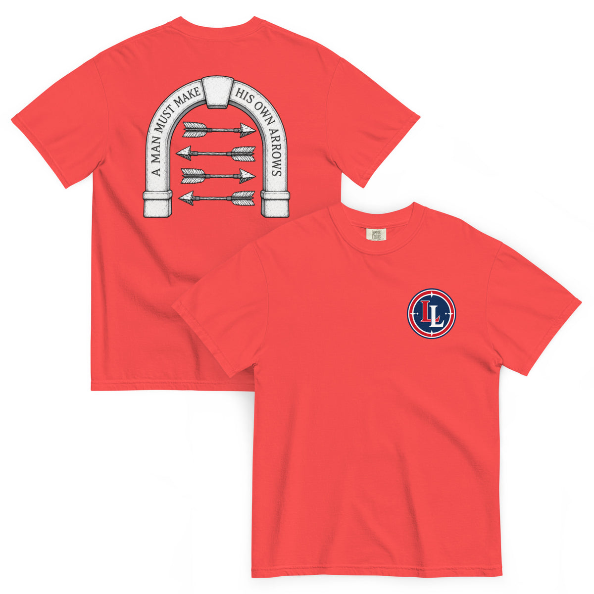 Lucky Lindy's Arrows garment-dyed heavyweight tee in Paprika (front and back)