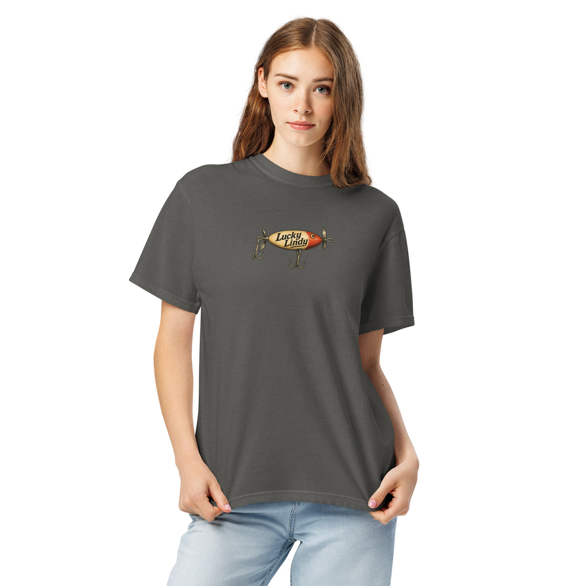 Lucky Lindy's No Pants garment-dyed heavyweight tee in Pepper (front)