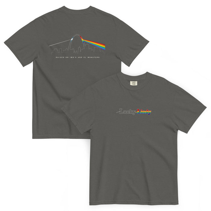 Lucky Lindy's Dark Side of St. Louis garment-dyed heavyweight tee in Pepper (front and back)