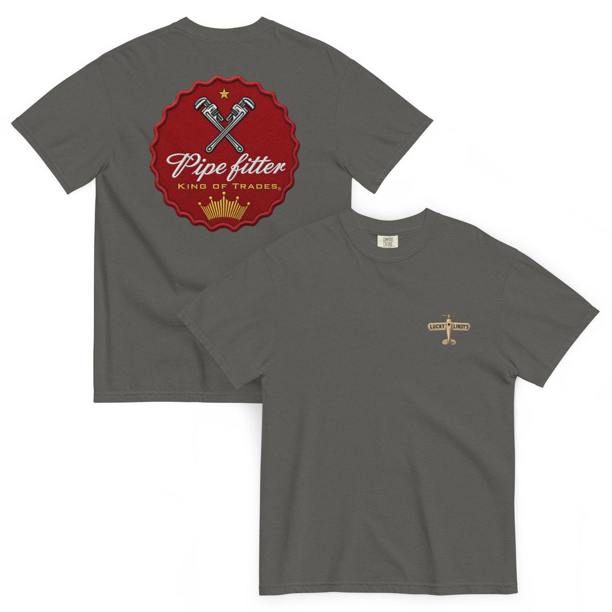 Lucky Lindy's Give 'Em The Wrench garment-dyed heavyweight tee in Pepper (front and back)