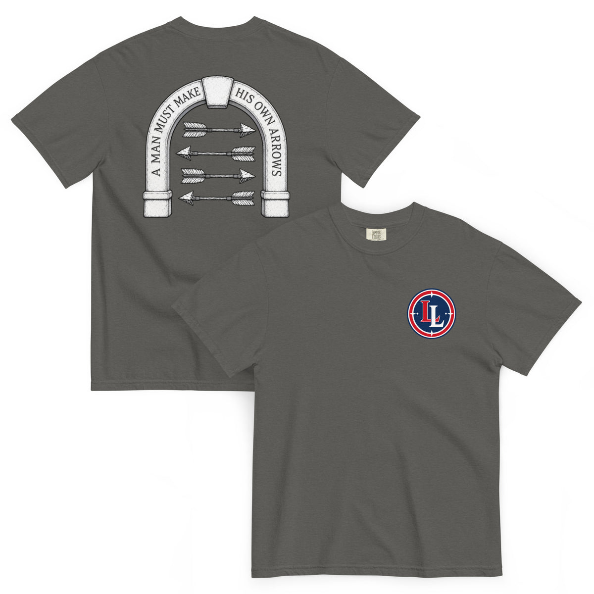 Lucky Lindy's Arrows garment-dyed heavyweight tee in Pepper (front and back)
