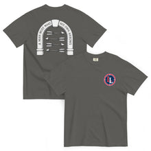 Lucky Lindy's Arrows garment-dyed heavyweight tee in Pepper (front and back)
