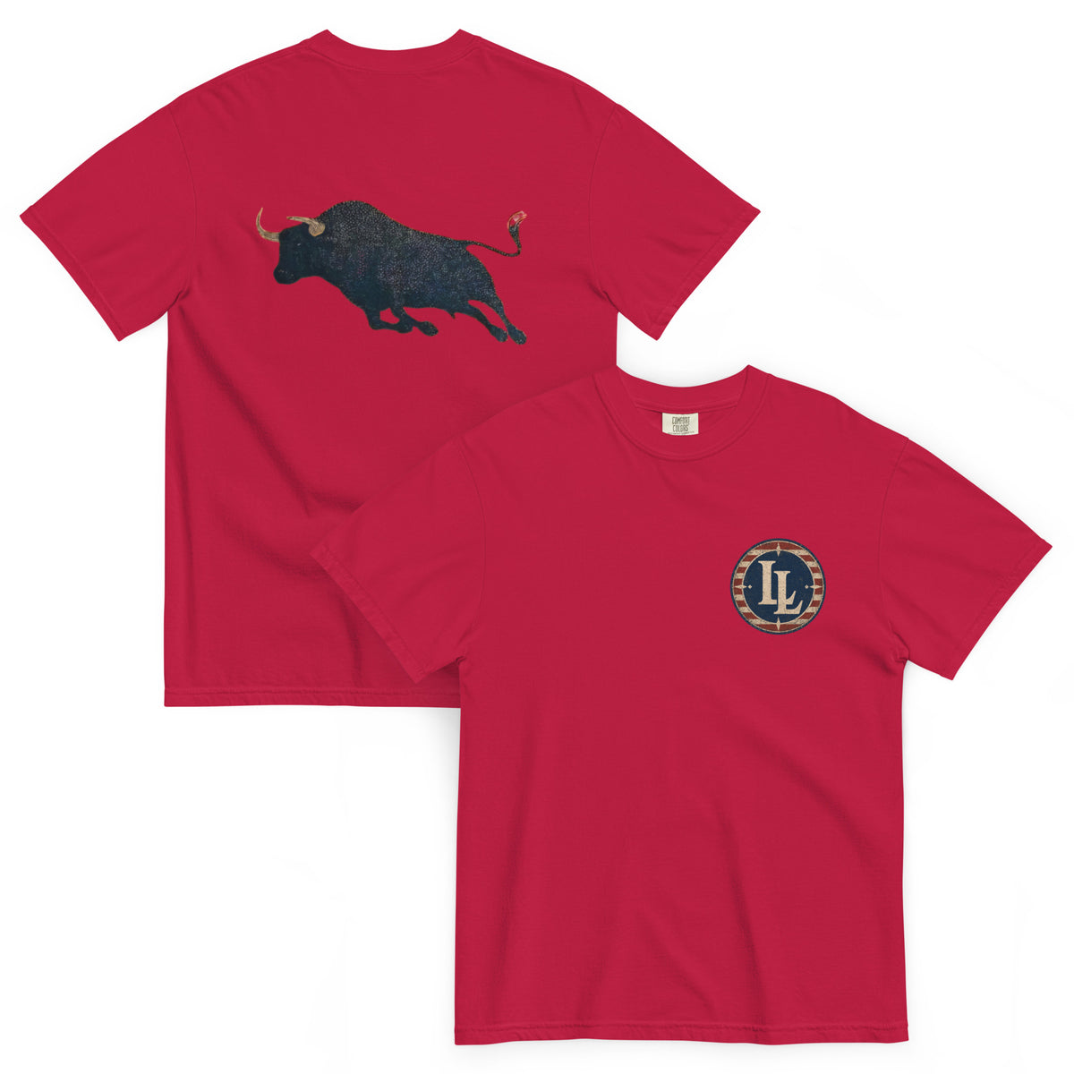 Lucky Lindy's Bull Fight garment-dyed heavyweight tee in Red (front and back)